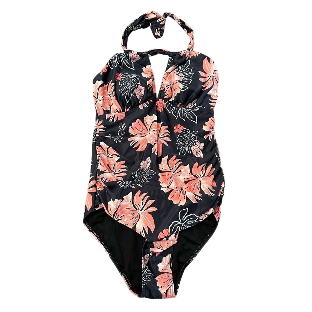 Aqua Eve One Piece Swimsuit Size M Black Orange White Floral (148)